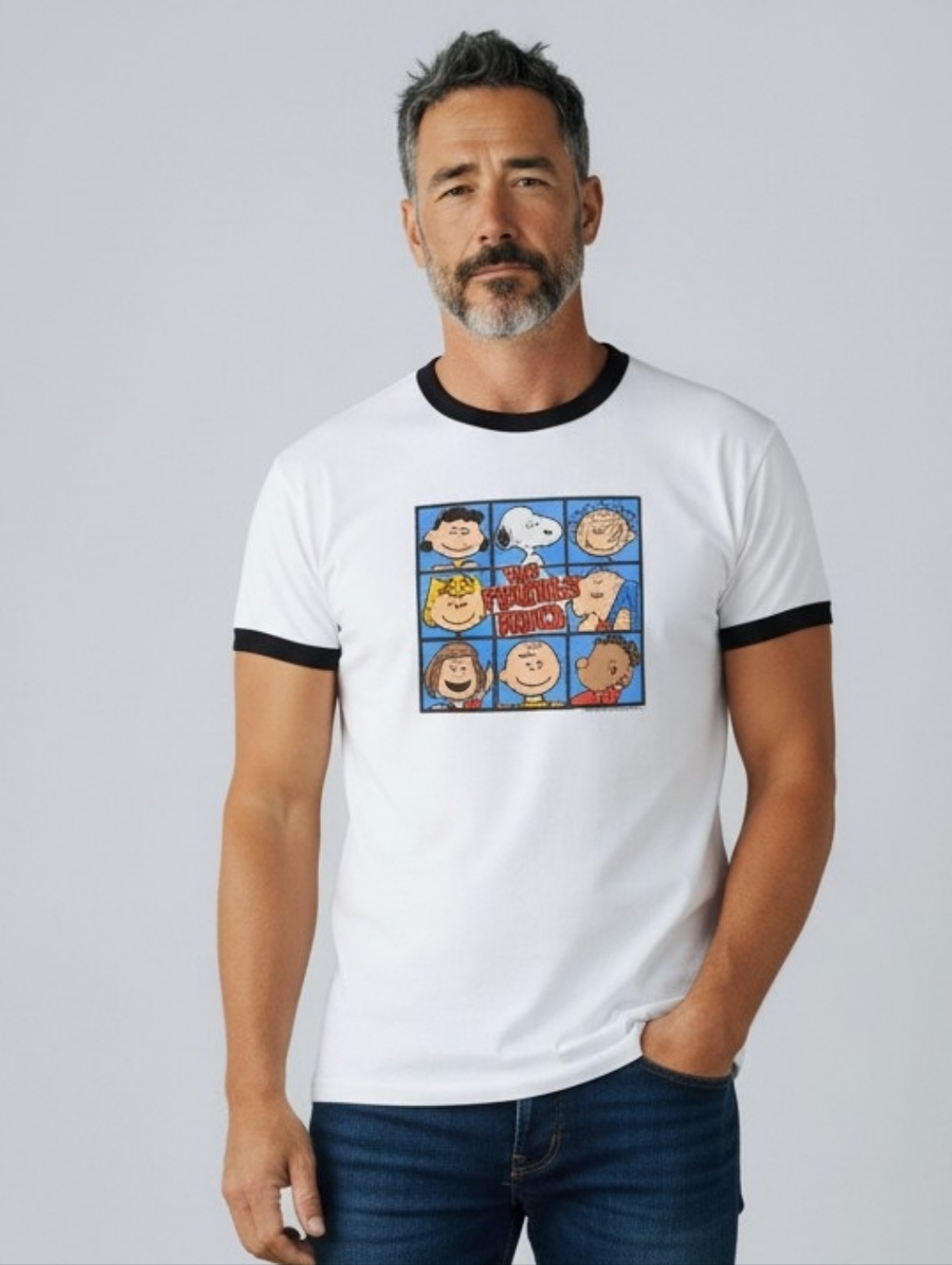 Vintage Peanuts Gang Snoopy Ringer Graphic Tee White Black XL F376